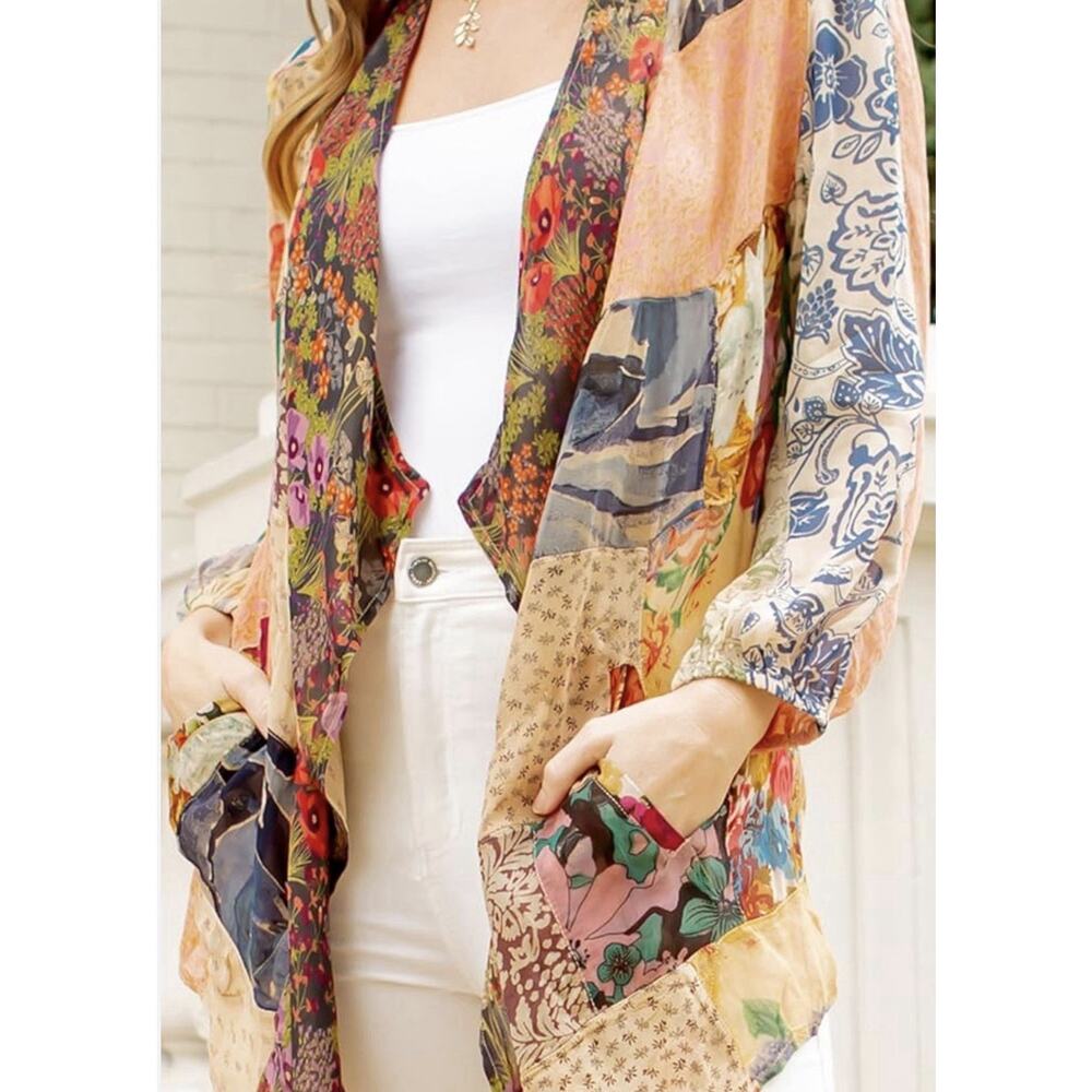 Young Threads Multicolor Patchwork Open Cardigan Semi Sheer Sz L